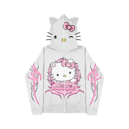 "KITTY WONDERLAND" WHITE FULL ZIP-UP JACKET