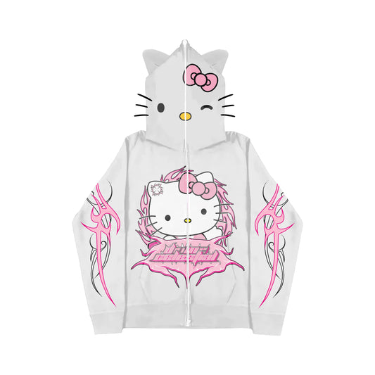 "KITTY WONDERLAND" WHITE FULL ZIP-UP JACKET