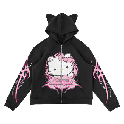 "KITTY WONDERLAND" BLACK ZIP-UP JACKET